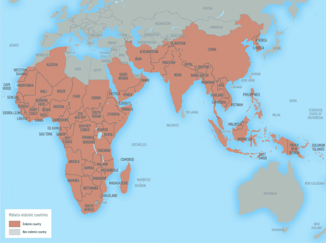 CDC Map of Malaria Endemic Countries. For reference only, map may be out of date.